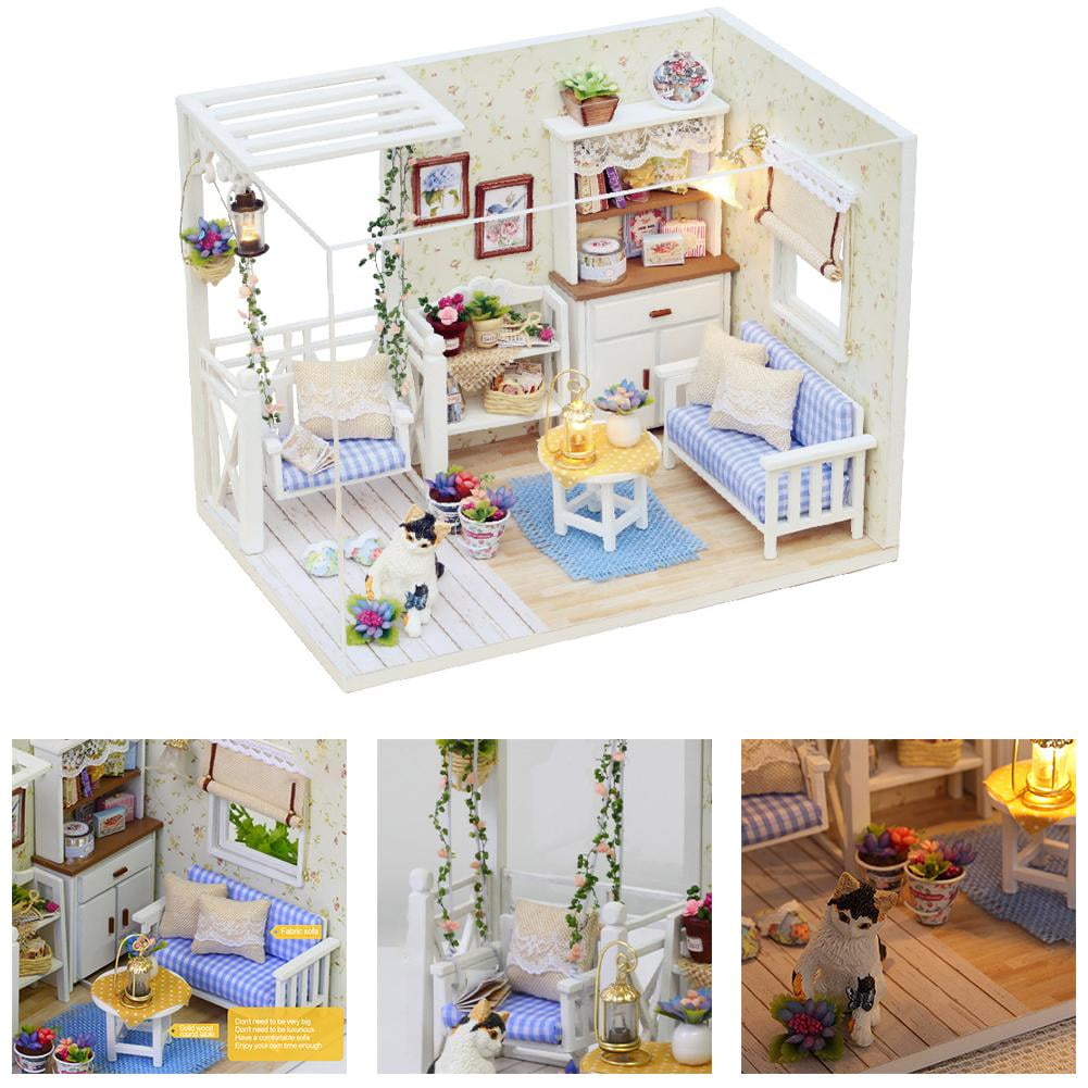 DIY Miniature House Kit Mini Doll House Model Tiny Home Build Diorama Craft Kit with LED Dust Cover for Beginners Christmas Halloween Holiday Birthday Gift for Adult(Cat Room)