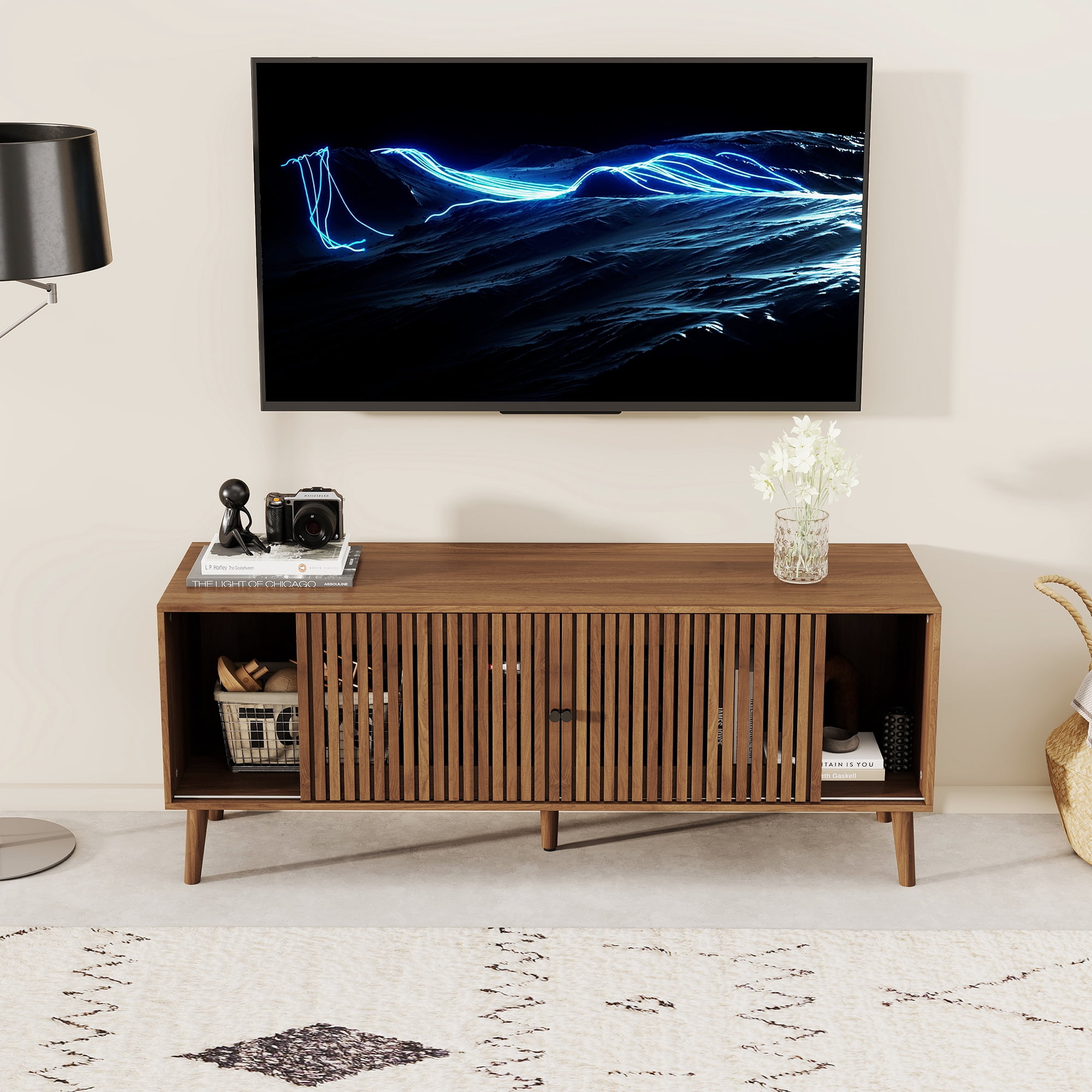 Oubayajia Mid-Century Modern 51" TV Stand for TVs up to 60”, Wood TV Console with Waveform Sliding Doors and Storage, Entertainment Center for Living Room Bedroom, Walnut