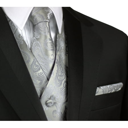 Italian Design, Men's Formal Tuxedo Vest, Tie & Hankie Set for Prom, Wedding, Cruise in Silver