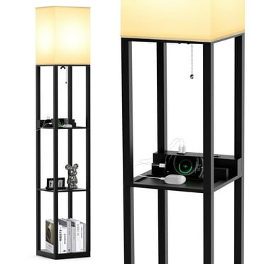 Floor Lamp with Shelves, Shelf USB Floor Lamp, 3 Color Temperatures Solid Wood Floor Lamp with 2 Charging Ports and 1 Power Outlet, Lamps for Livingroom Bedroom, Bulb Included, Matt Black