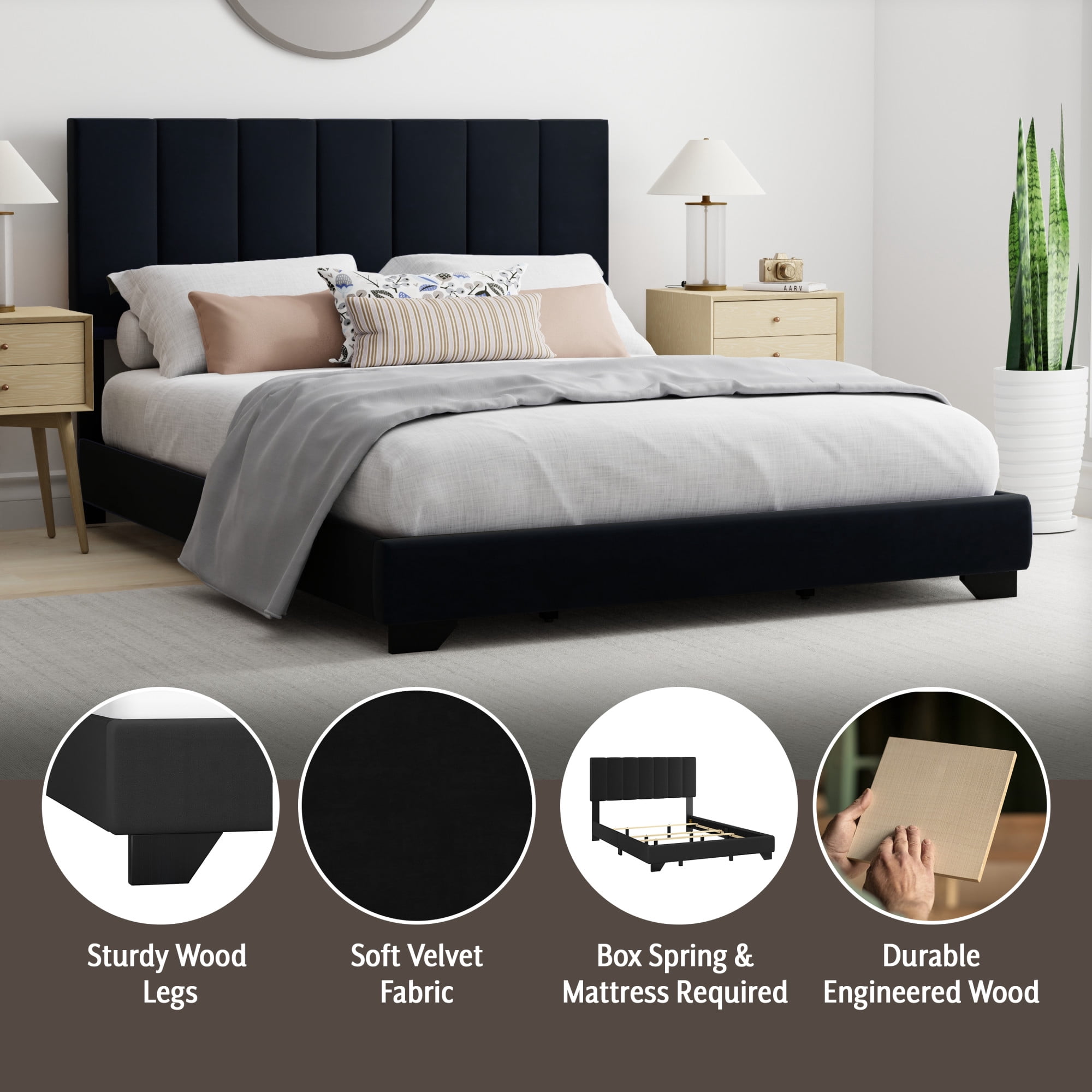 Reece Channel Stitched Upholstered Queen Bed, Black, by Hillsdale Living Essentials