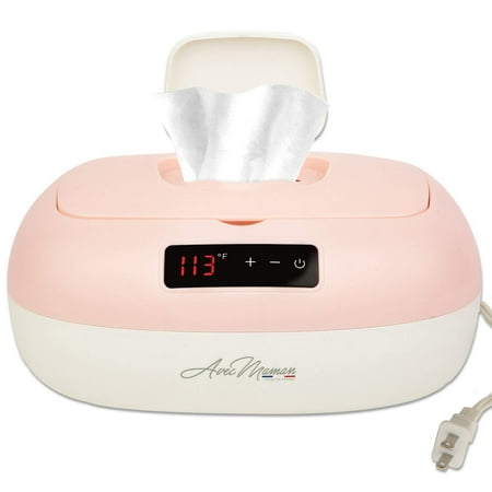 Avec Maman La Caresse Baby Wipe Warmer – New 2024 – Designed in France – Wet Wipe Dispenser – Adjustable Heat Settings Digital Display – Pink