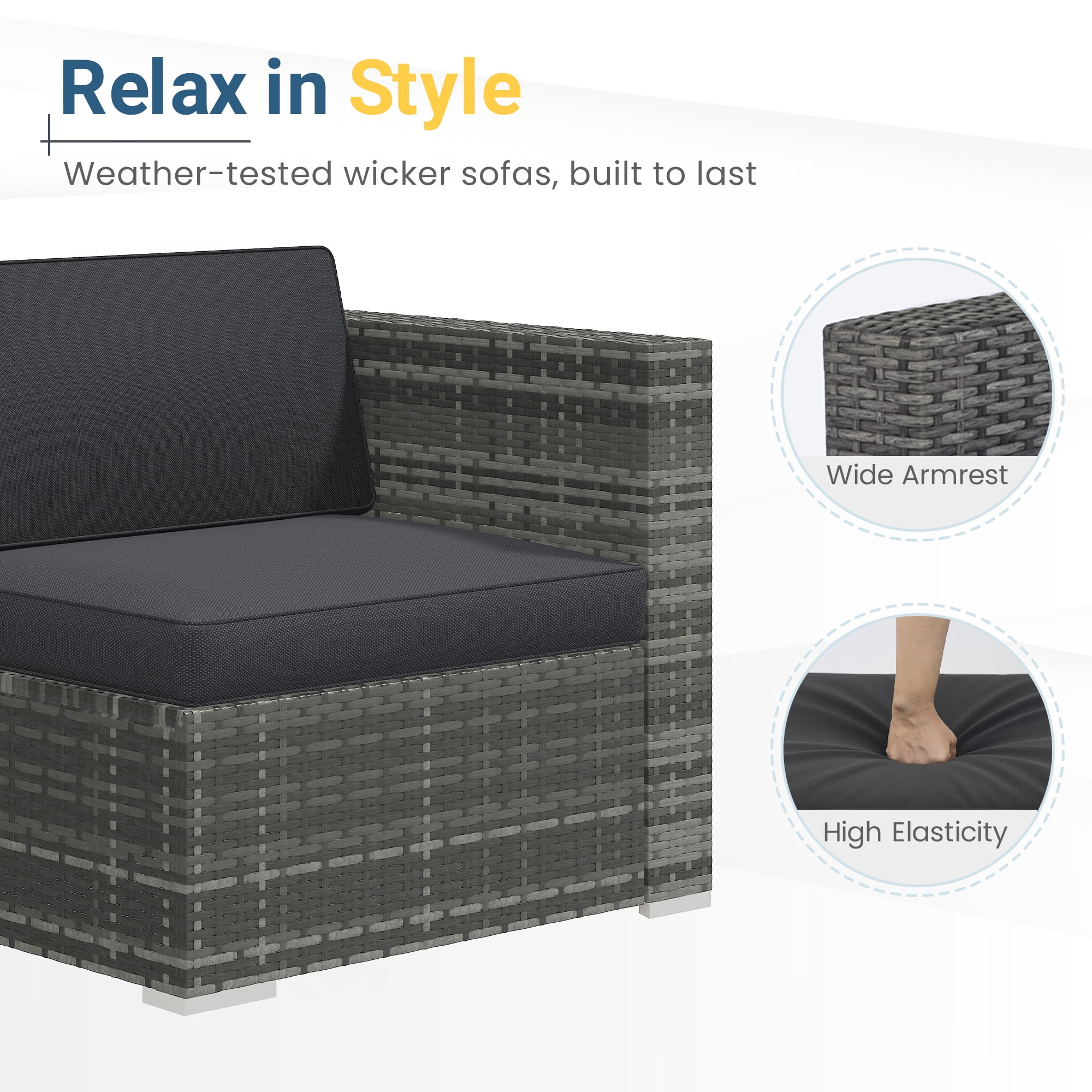 Royalcraft Outdoor Patio Set,5 Pcs PE Wicker Rattan Outdoor Furniture Set, Tempered Glass Coffee Table, Grey