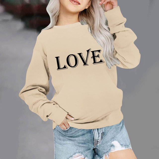 Milgrthf Chandail en Molleton Graphique Lettre de la Saint-Valentin pour Filles Mignon Manches Longues Col Rond Beige 7 Ans