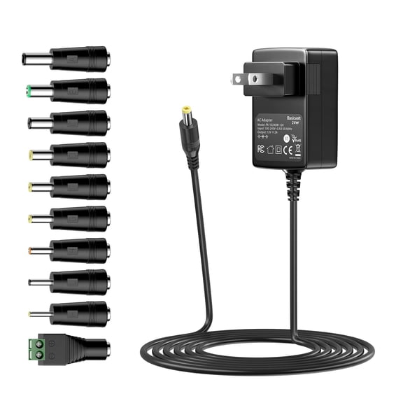 LujingZ Universal 12V 2A AC Adapter - Center Positive, 11 Plugs, 5ft Cord for Multiple 12V Devices