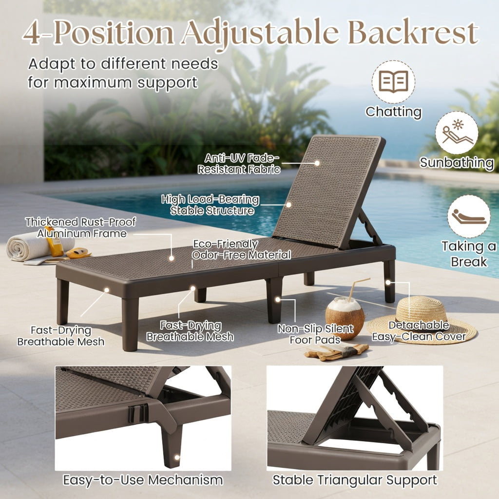 Hommoo Outdoor Chaise Lounge Chair, Adjustable 4-Position Reclining Patio Lounger with Waterproof Faux Rattan PP Surface, Brown