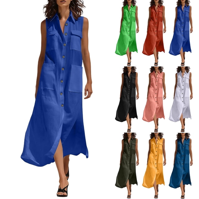 XiYing Robes pour Femmes Grande Taille, Robe Longue d'Été Décontractée pour Femmes à Col en V Sans Manches, Maxi Fluide avec devant à Boutons et Poches pour Vacances à la Plage, Coupe Ample,