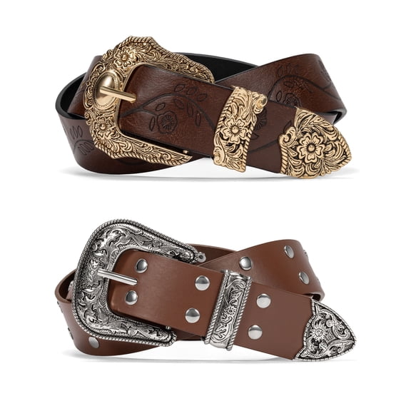 Vorliqent 2 Pack Women Western Belt Embossed & Studded Belts for Jean Dress