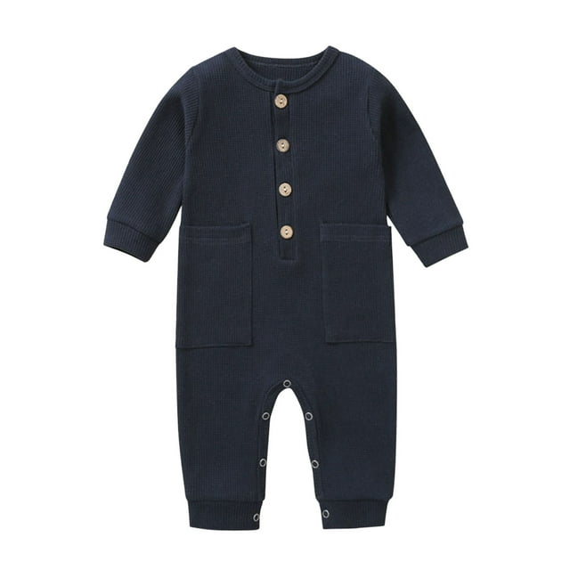 FAIWAD Baby Boy Girl Long Sleeve Button Romper Round Neck Solid Color Jumpsuit Spring Casual Romper
