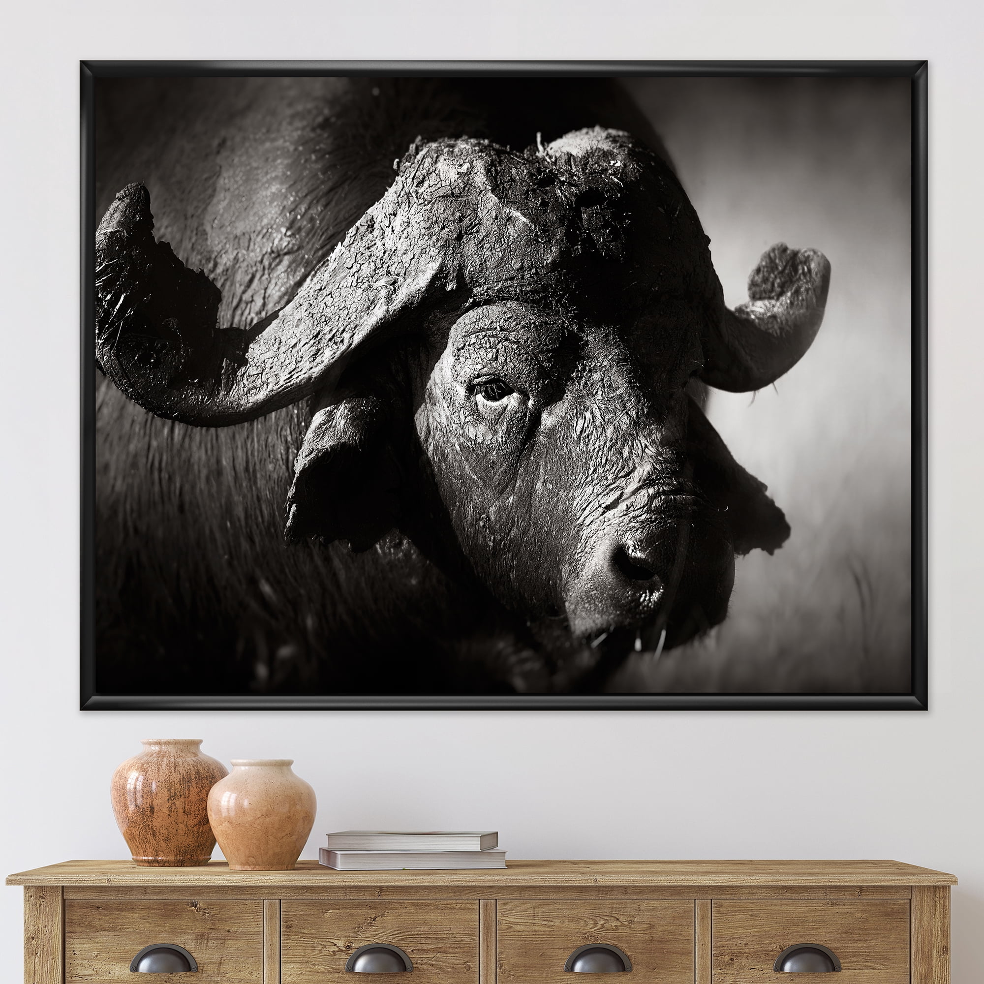 Designart 'Black and White Portrait Of Buffalo II' Farmhouse Framed Canvas Wall Art Print