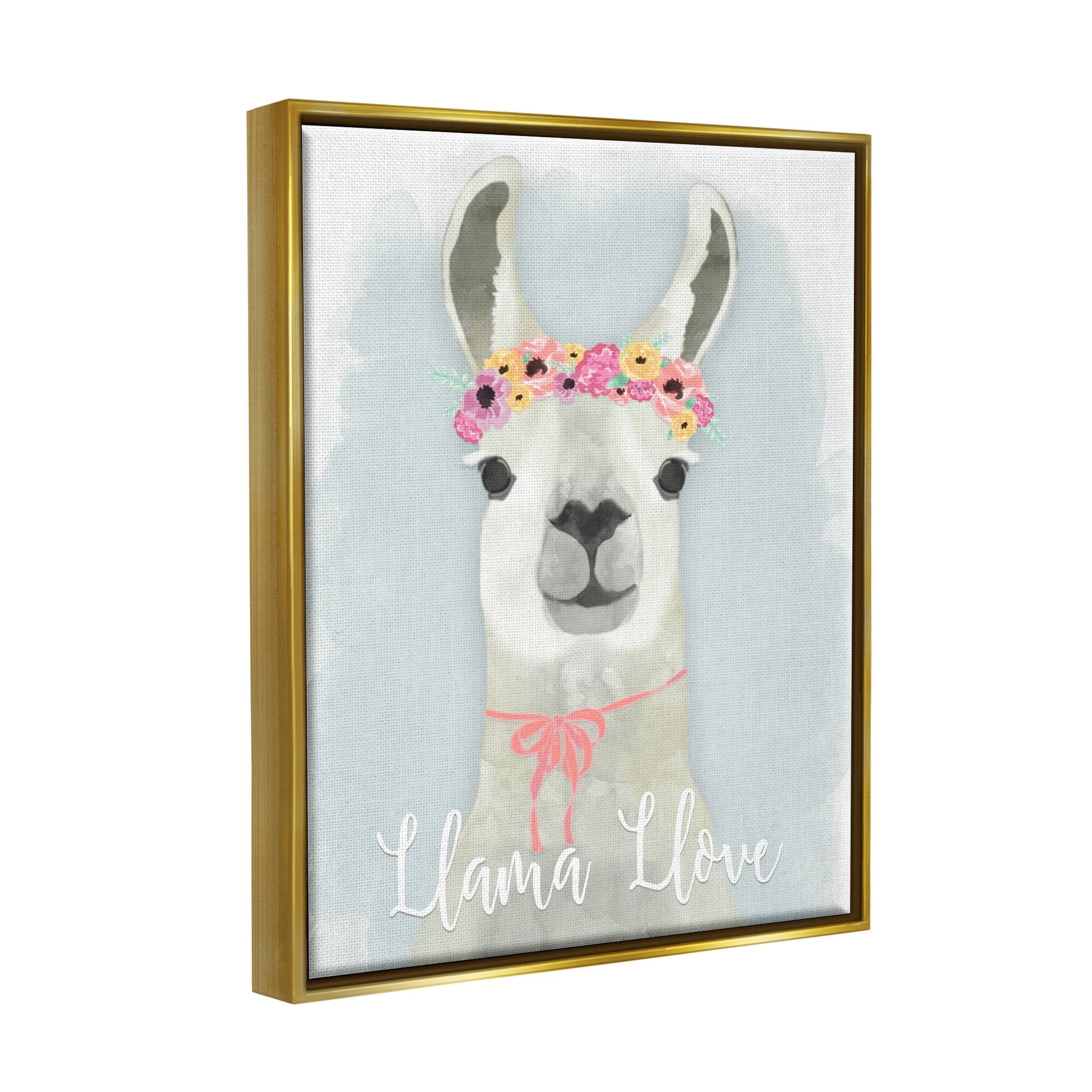 Stupell Industries Llama Love Pink Flower Tiara Metallic Gold Framed Floating Canvas Wall Art, 16x20, by Jessica Mundo