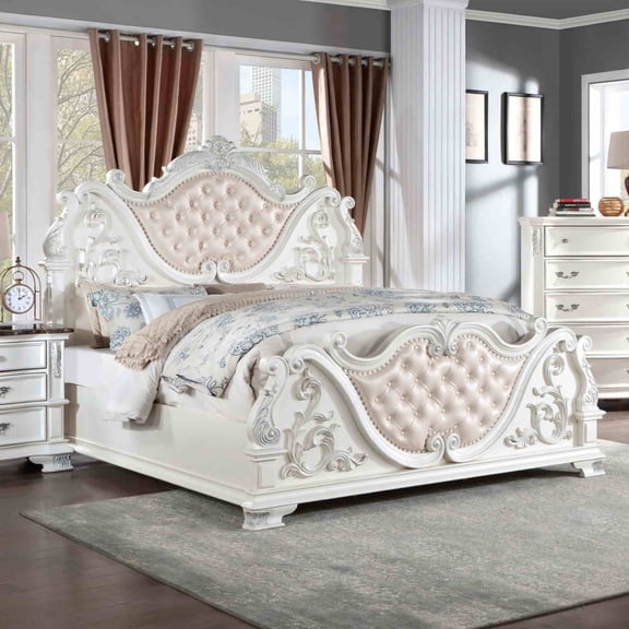 1pc Traditional Cal King Size Tufted Headboard Upholstered Faux Wood Carved Details Bed Pearl White Bedroom Furniture
