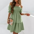 thumbnail image 5 of zaveiop Women's off The Shoulder Summer Dresses 2025 Short Puff Sleeve Ruffle Elastic Waist A-Line Smocked Casual Mini Dress (Green, Z2-Green), 5 of 5