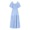 thumbnail image 6 of Summer Dresses for Women 2025 New Women's Summer Flowy Maxi Dress Short Sleeve Smocked Tiered Ruffle Boho Dresses with Pockets Light Blue S, 6 of 9
