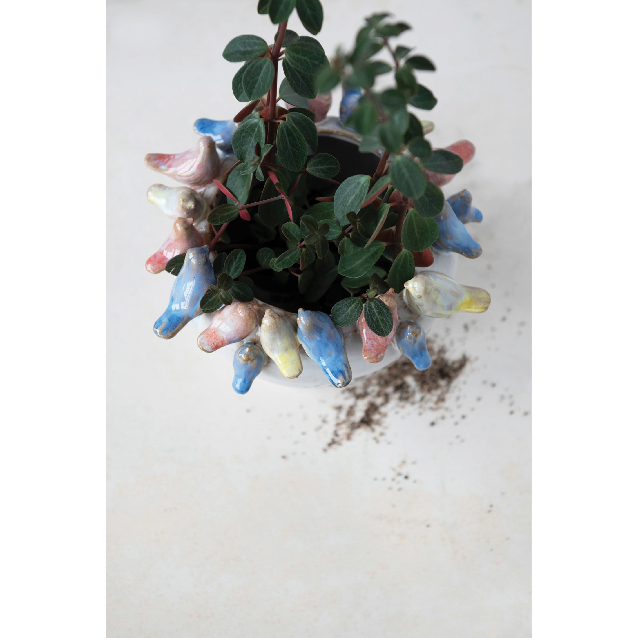 Creative Co-Op Decorative Stoneware Planter with Birds on Rim and Reactive Glaze, Multicolor