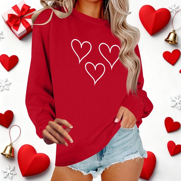Valentines Sweatshirts for Women Love Heart Graphic Pullover Crewneck Long Sleeve Tops Valentine's Day Sweatshirt Red S