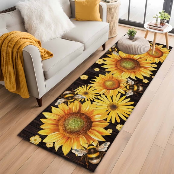 Runner Rug 2'x6', Sunflower Washable Non-Slip Hallway Runner Rugs, Yellow Floral Elegant Pastoral Flowers Watercolor Bedside Rugs Floor Mats Carpet Runners for Kitchen Bathroom Laundry Room