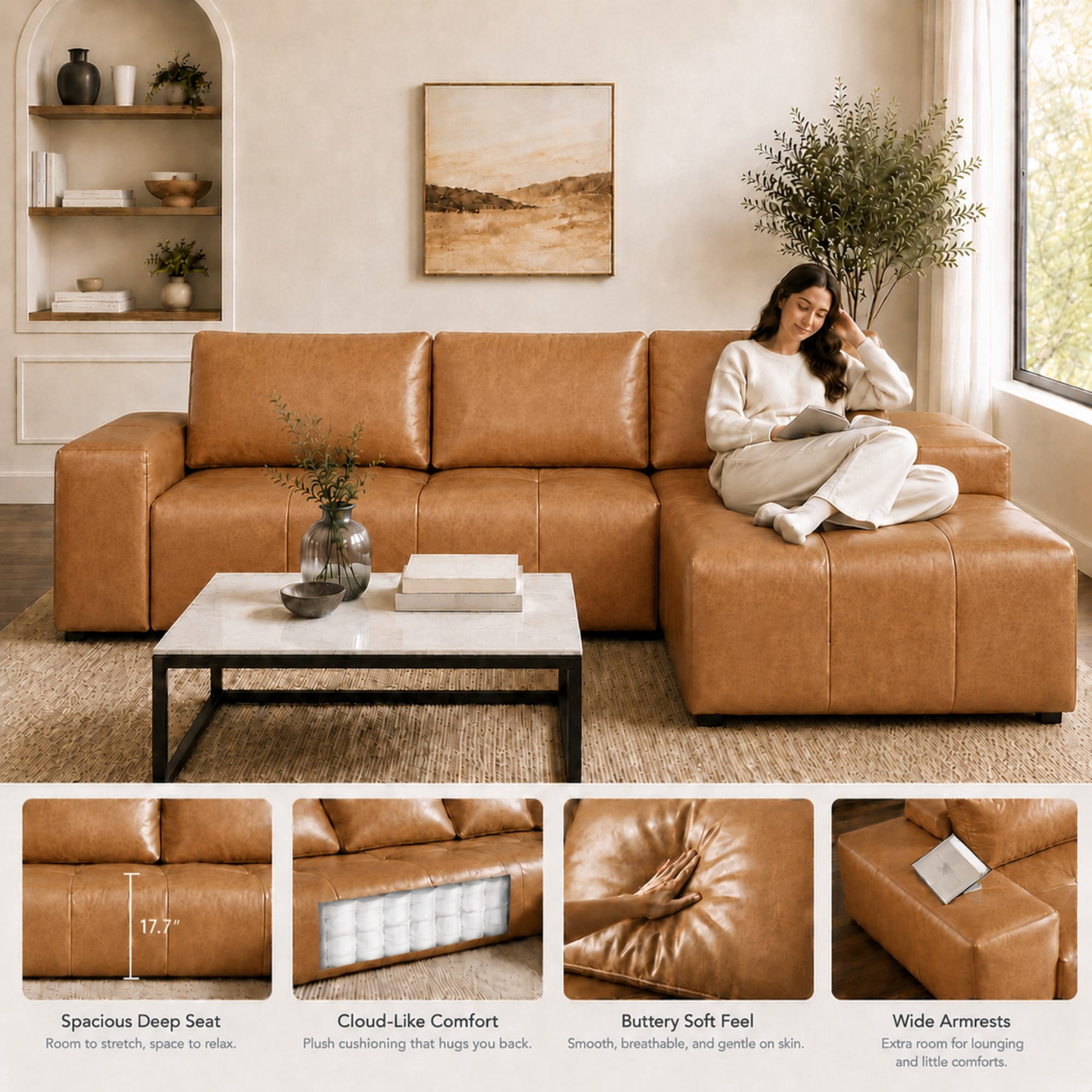 Aenkyo 114" Faux Leather L-Shaped Sectional Sofa with Right Hand Chaise, Boneless Modular Couch, Ginger