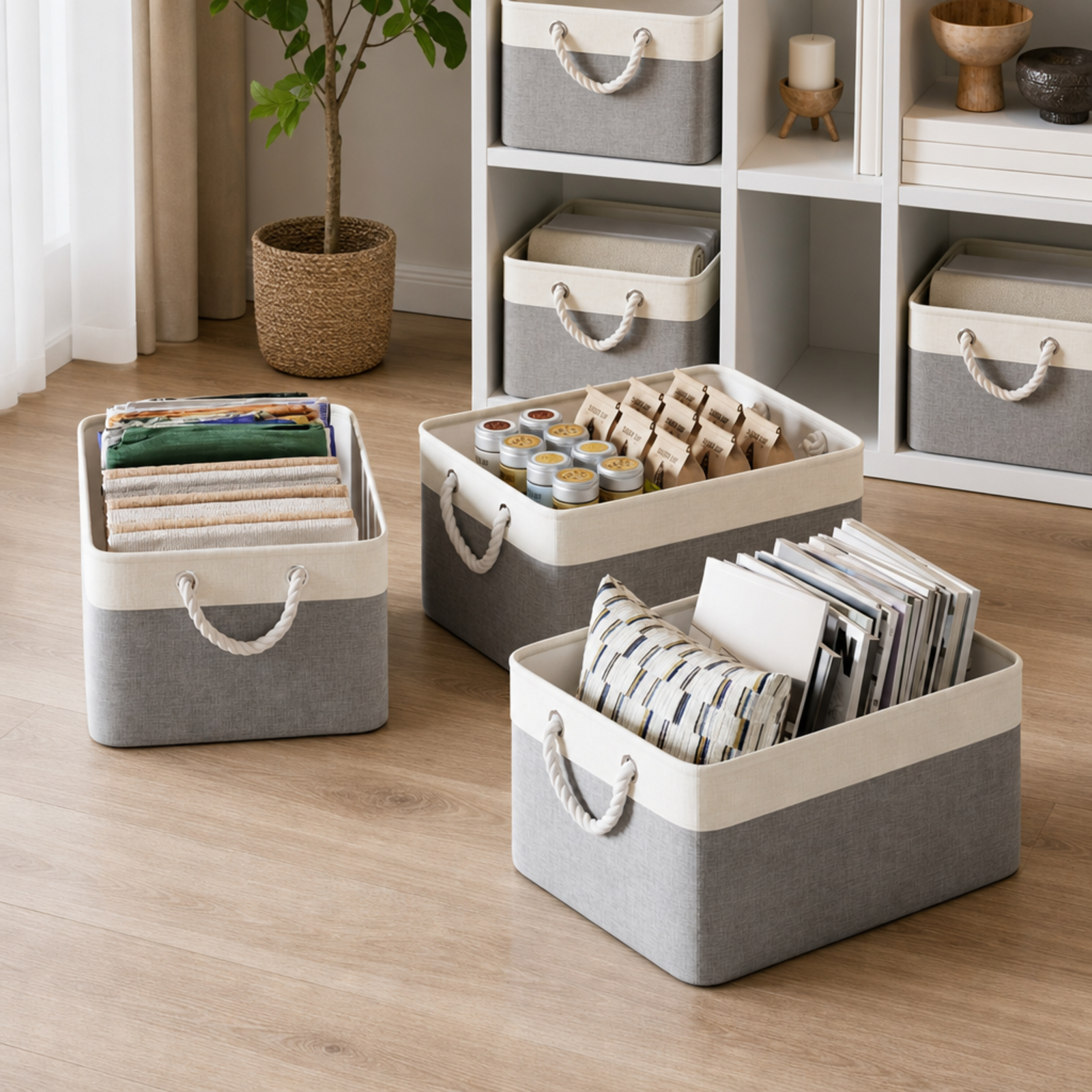Fenbeli Fabric Storage Baskets Set of 4 Foldable Storage Bins with Cotton Rope Handles for Shelf and Closet, grey and white