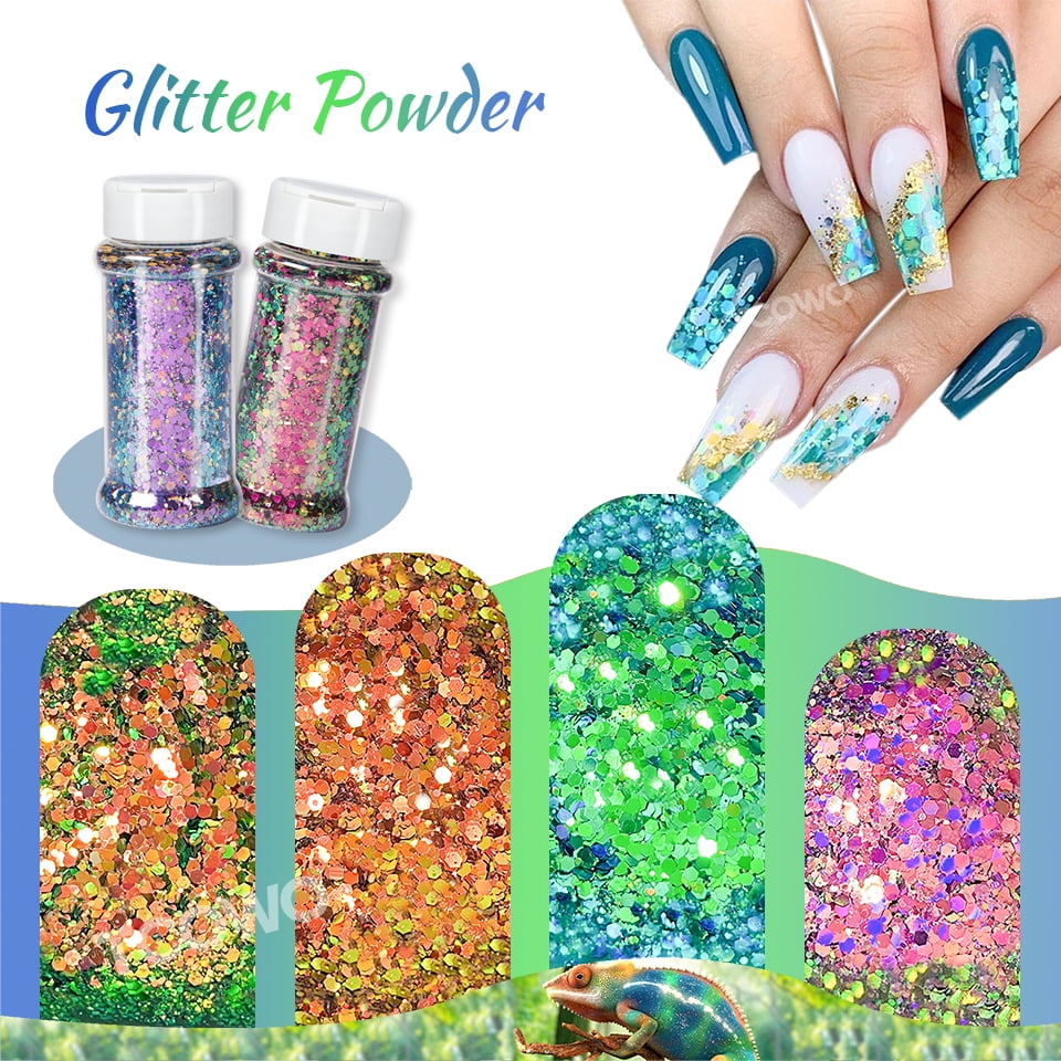 Color Shift Chameleon Glitter Chunky Glitter Sequins For Arts & Crafts Wine Glass Decoration Weddings Cards Flowers Cosmetic Face Body 2oz/Bottle 4 Colors One Set