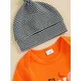 thumbnail image 6 of Baby Toddler Boys Halloween 3PCS Clothing Sets 0 3 6 9 12 Months Long Sleeve Letter Pumpkin Print Romper Striped Pants Hat Outfits, 6 of 9