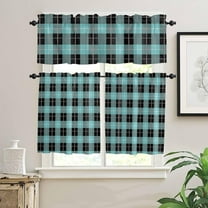 3 Piece Kitchen Curtains Tiers and Valances Set, Black Aqua Blue Lattice Gingham Checkered Rod Pocket Short Window Treatment Tiers Curtains Panel and Valance for Cafe Bathroom