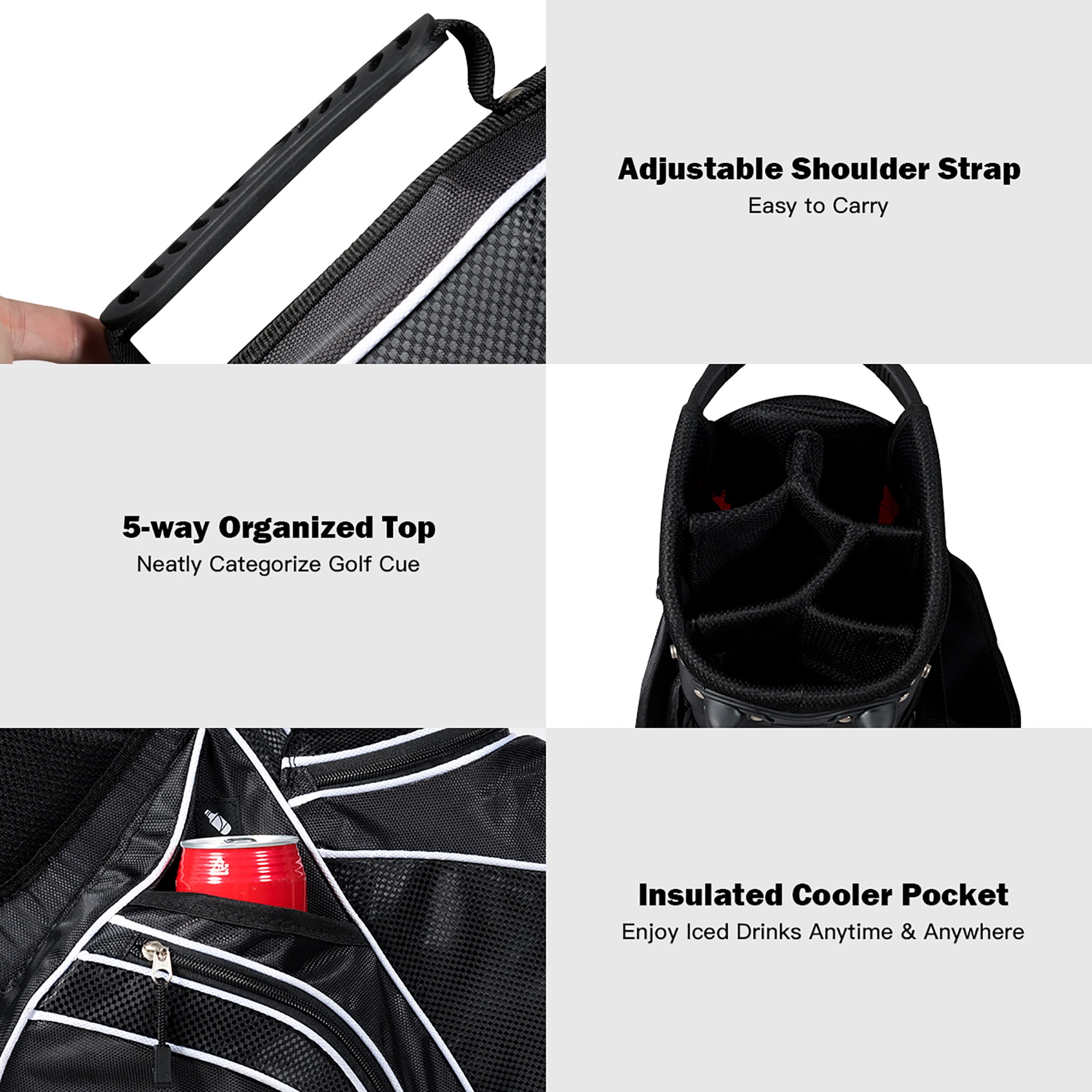 Costway Golf Stand Cart Bag Club w/6 Way Divider Carry Organizer Pockets Storage Black