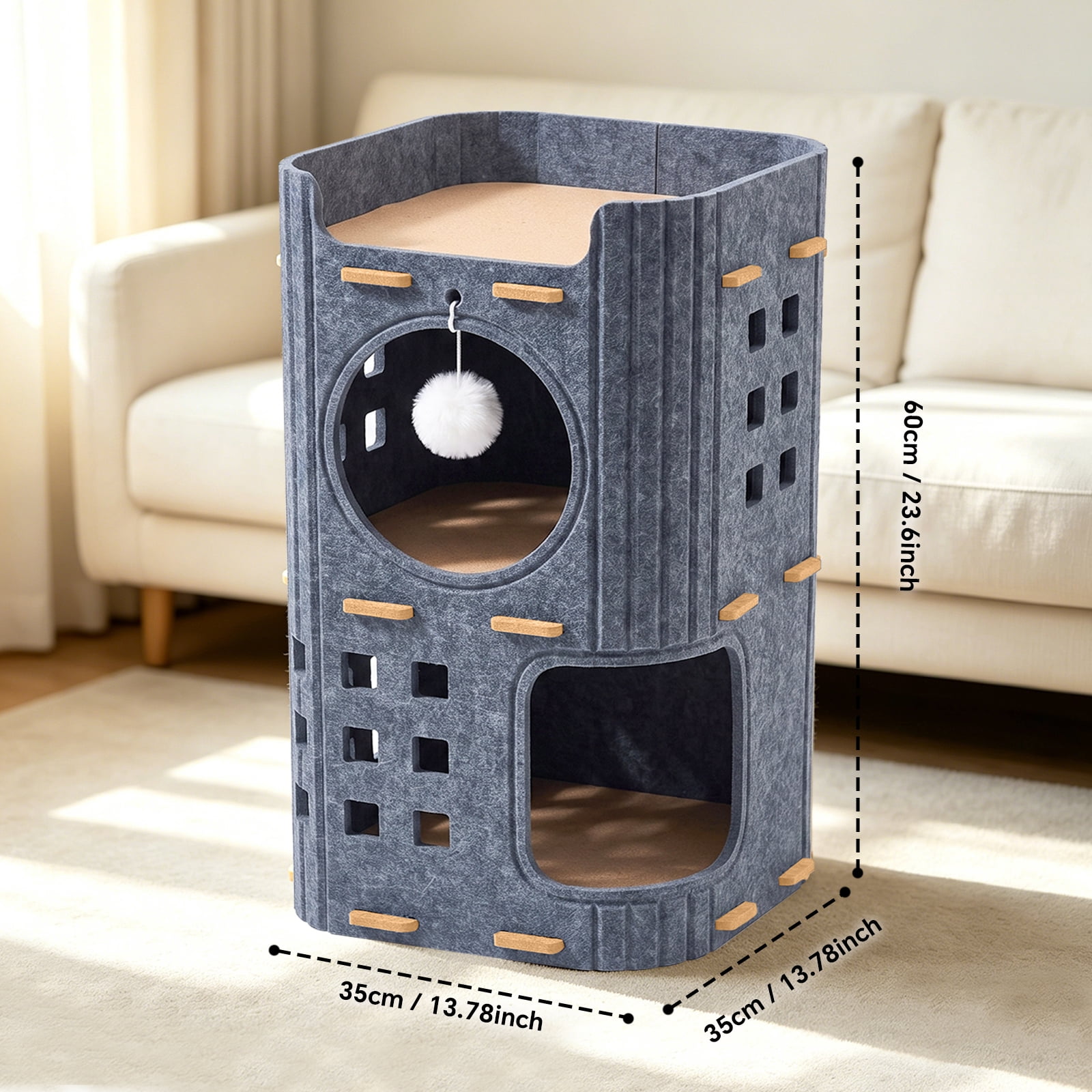 Felt Cat House for Cats, Kittens, Covered Tunnel & Condo with Dual Door Holes, Hanging Fur Ball, Warm & Scratch-Resistant, Cozy Cave for Indoor Outdoor Use, 35*35*60cm