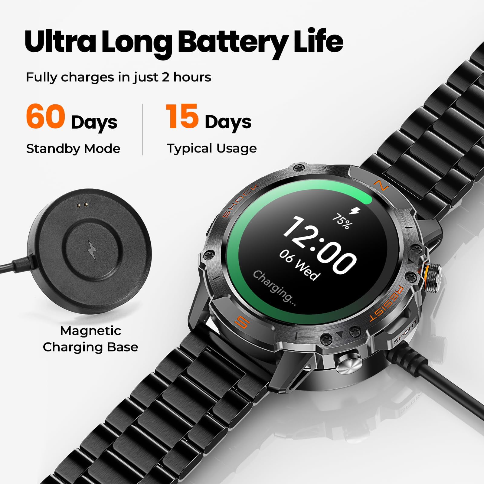 WalkerFit Smart Watch for Men, 1.43" Round AMOLED, 5ATM Waterproof, Long Battery, for iPhone Android, Stianless Steel Strap