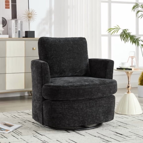 Swivel Chair, Modern 360-Degree Rotating Accent Chair with Chenille Upholstery, Black, Metal & Wood Frame, Comfortable Breathable Seat for Living Room, Office, Bedroom