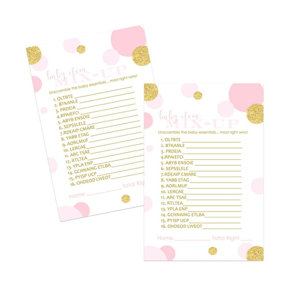Pink and Gold Baby Shower Word Scramble Game Card Pack (25 Count) Unscramble Activity Guests Play for Prizes – Royal Princess – Twinkle Little Star Girls - Printed 4x6 Size Set - Paper Clever Party