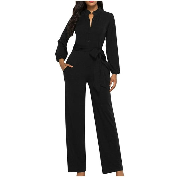 WREESH Womens Business Casual Jumpsuit Fall Fashion V-Neck Pocket Button Long Sleeve Tie Jumpsuit Black