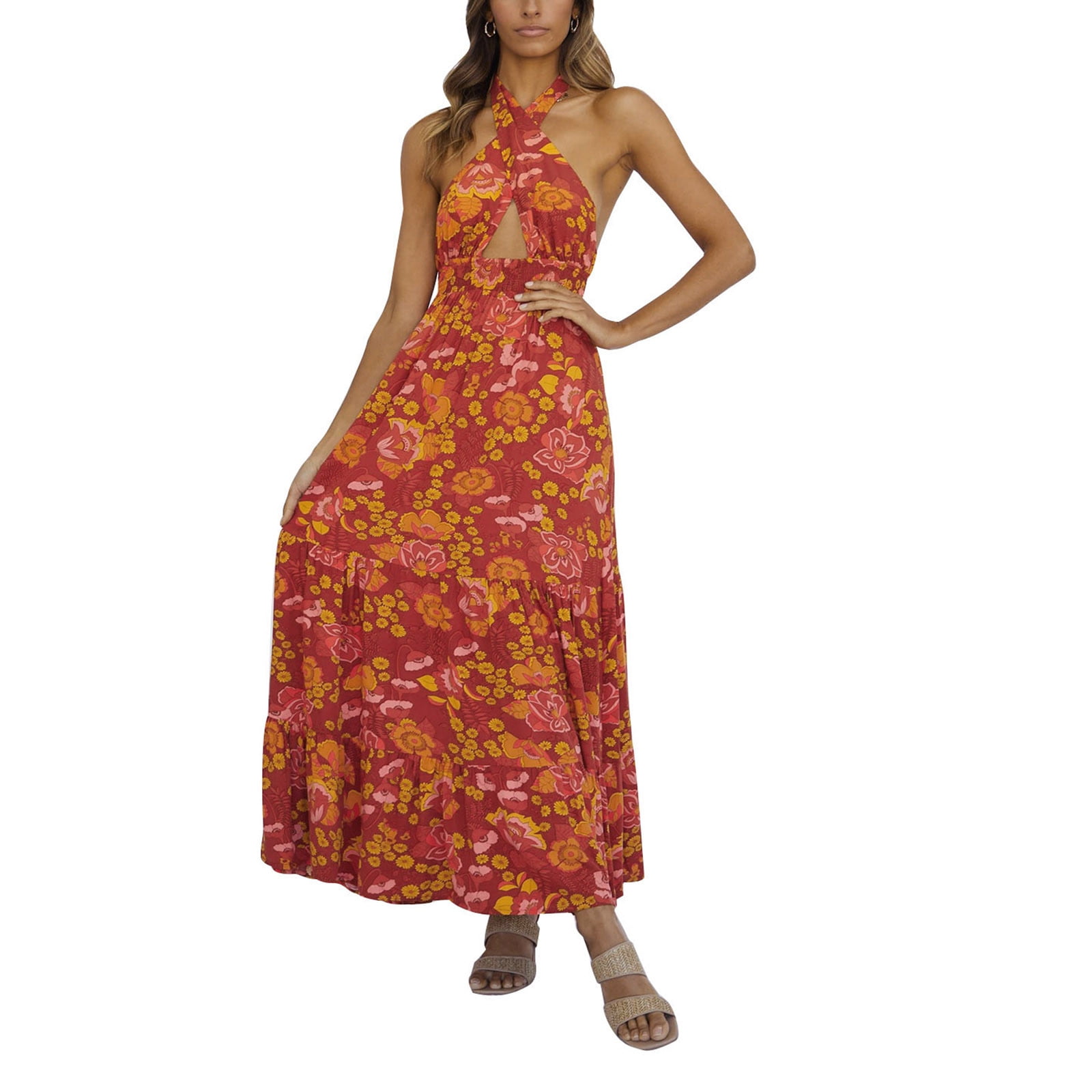 Floral Long Dress for Women,SMALLE◕‿◕ Womens Sleeveless Halter Neck Swning Maxi Dress Backless Beach Dress 