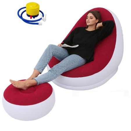 PVC Puff Up Lounger Bed Tatami with Footstool Lazy Couch Bag Inflatable Sofa Leisure Bean Bags Outdoor Folding Chair RED