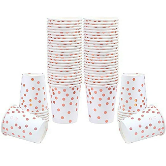 1 Packs 100PCS 8oz Disposable Paper Cups Rose Gold Dots Design for Party Wedding Birthday Baby Shower Bulk Cold Hot Drink Eco Friendly Dessert Cups
