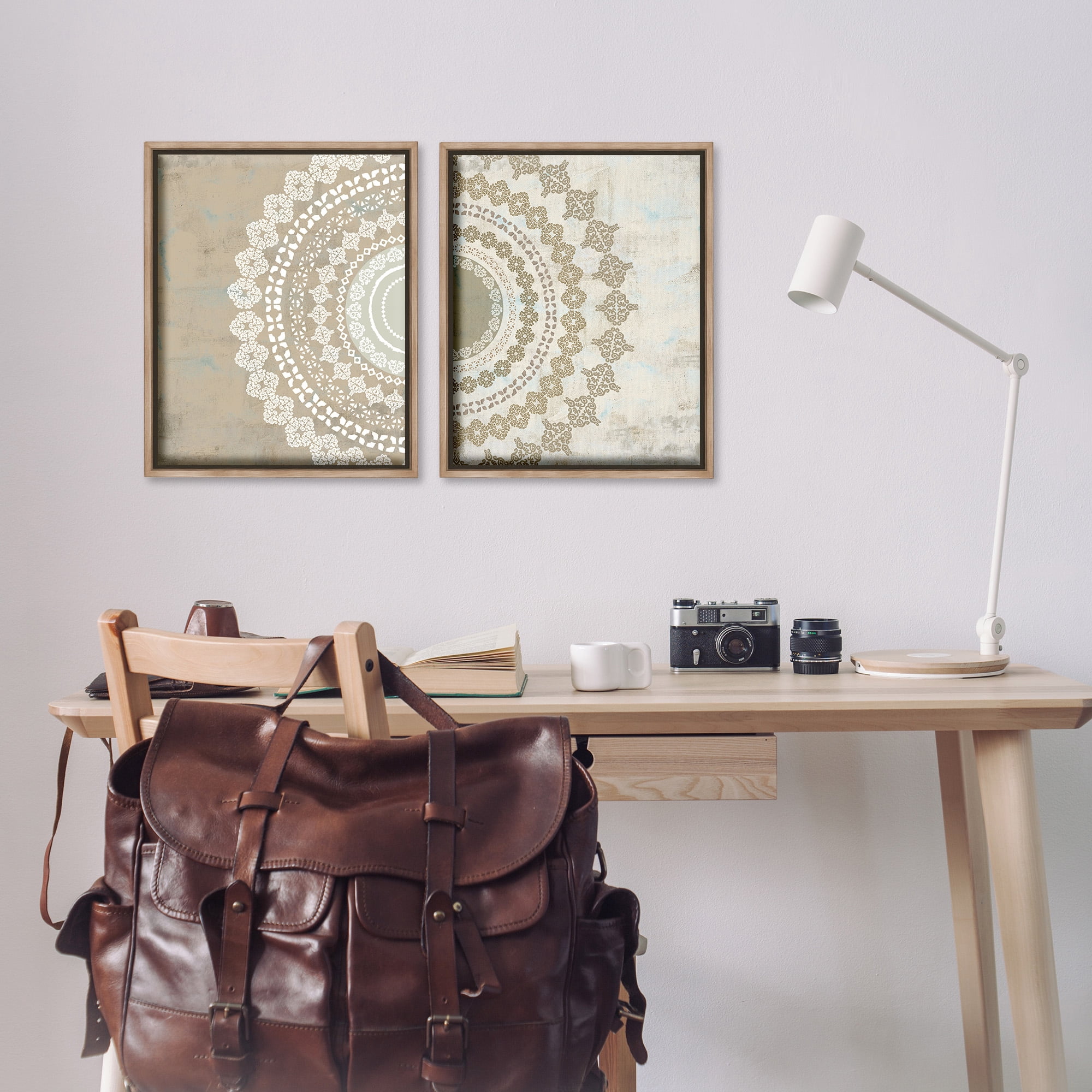 Stupell Industries Rustic Mandala Boho Pattern Abstract Painting Brown Floater Framed Canvas Art Print Wall Art, 17 x 21, Set of 2