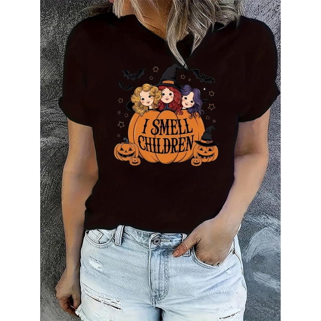 Camisetas con estampado para mujer, camisetas de manga corta de verano 2025, blusas casuales con cuello redondo para adolescentesWomen'S Fashion Pumpkin Witch Letter Print, Casual Round Neck Short