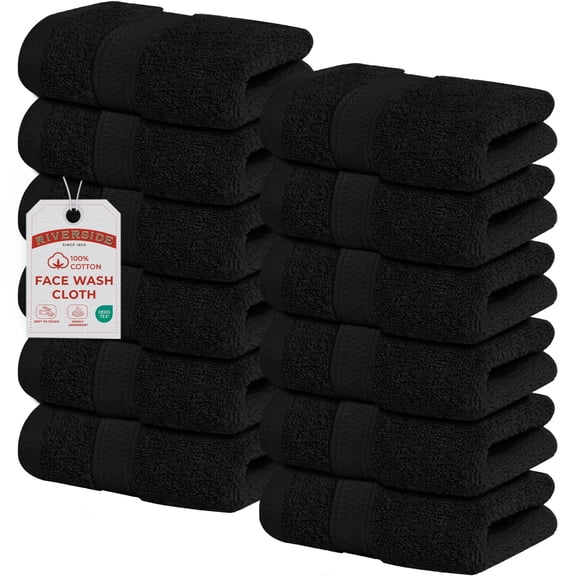 RIVERSIDE 12 Pack Cotton Face Towels 12x12 Ultra Soft & Absorbent Wash Cloths for Gym and Spa - Black