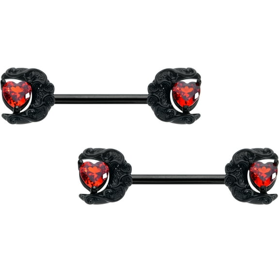 Body Candy 14G Womens Nipplerings Piercing Surgical Steel Black Scroll Moon Heart Nipple Ring Set 9/16"