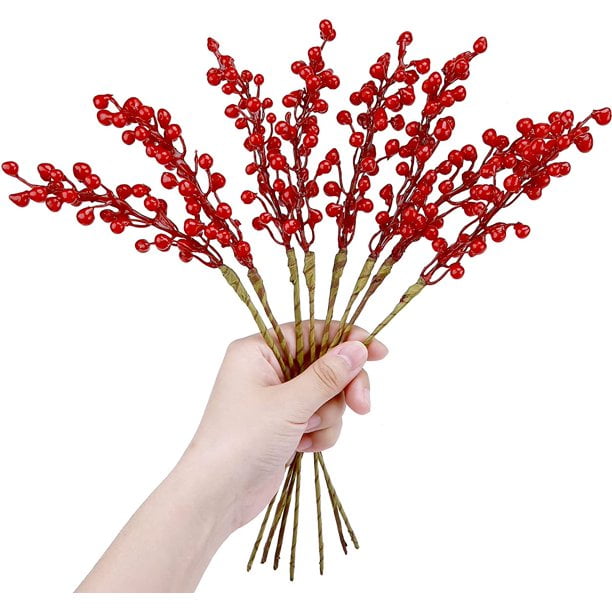 10Pcs Mini Rich Red Artificial Berry Stems,Christmas Red Berries