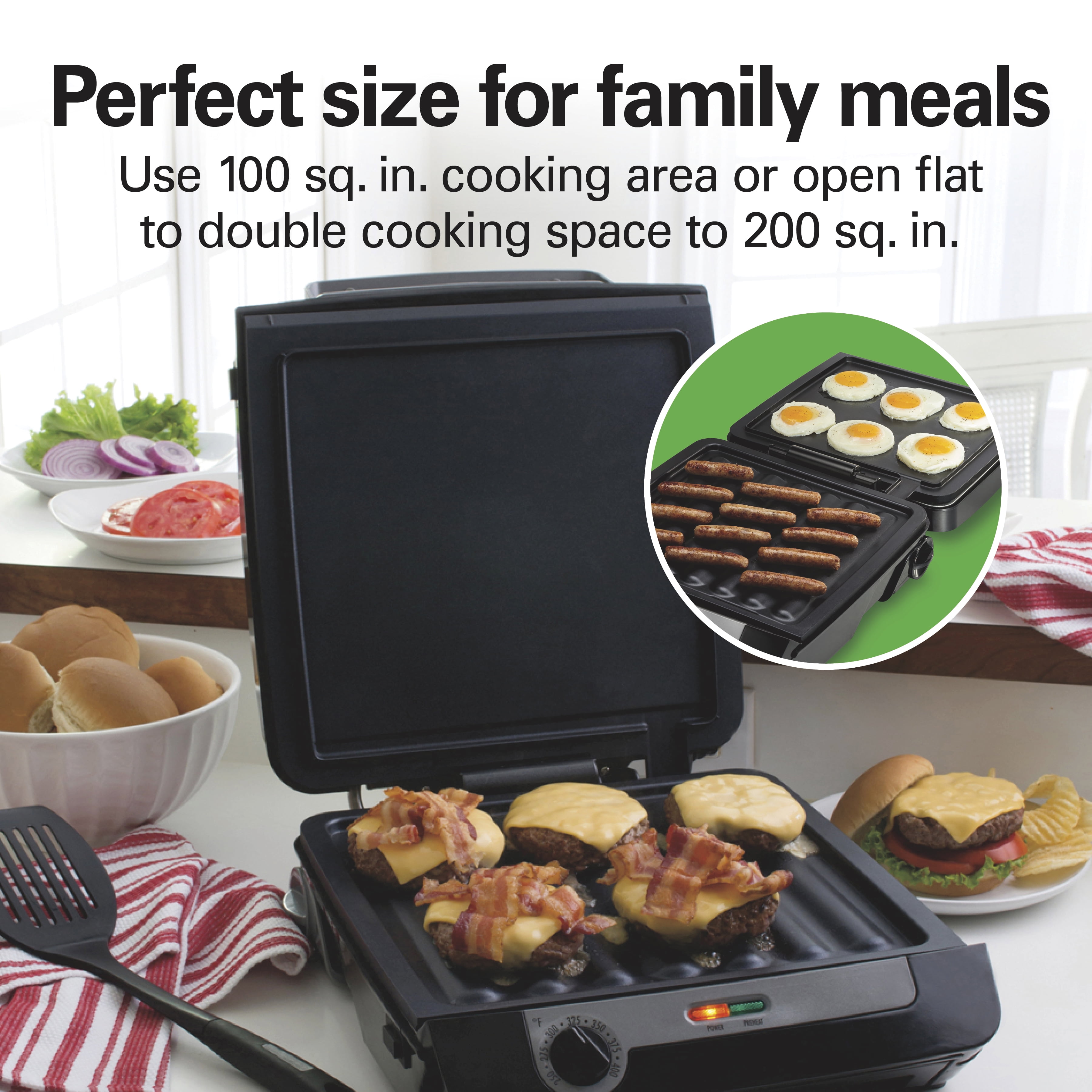 Hamilton Beach 3-in-1 Electric Indoor Grill/Griddle, 180 Sq. in. Nonstick  Cooking Surface, Adjustable Temperature Up to 425°F, Black, 38546