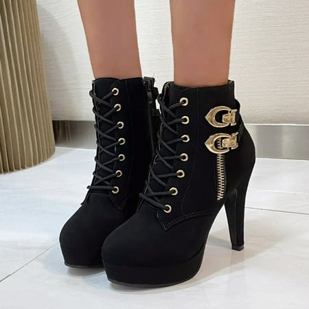 

Tangnade Woman Shoes Fashion Women s Shoes Breathable Chunky High Heels Retro Zipper Short Boots Black 37