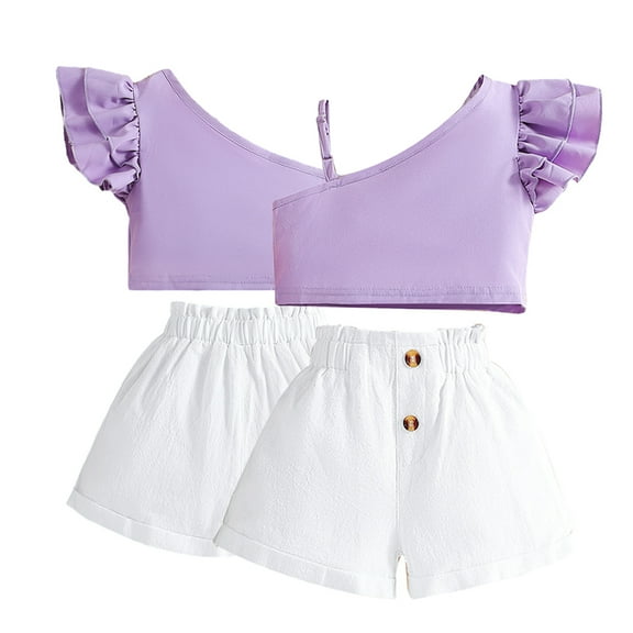 YTDSCS 12M-6T Girls Summer 2 Piece Outfits for Baby Kids One Shoulder Halter Shirt Tops and Elasticated Waist Shorts Set