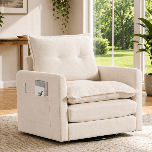 360°Swivel Accent Chair, Upholstered 28''W Oversized Armchair, PAPROOS Barrel Chair Reading Armchair with Side Pockets & Cushion, Modern Accent Chair with Metal Base for Living Room Bedroom,Beige