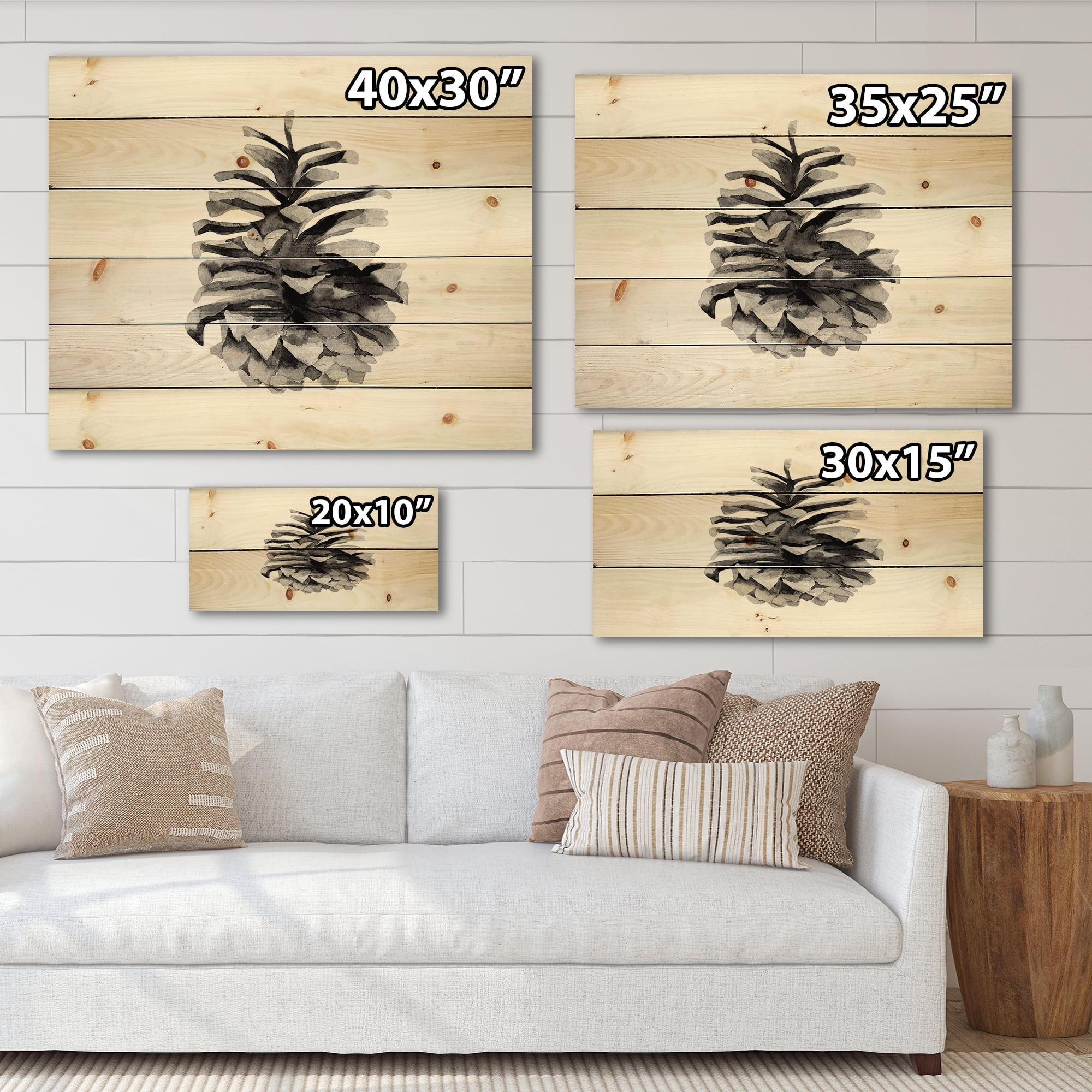 Designart 'Conifer Cone Black and White' Traditional Print on Natural Pine Wood