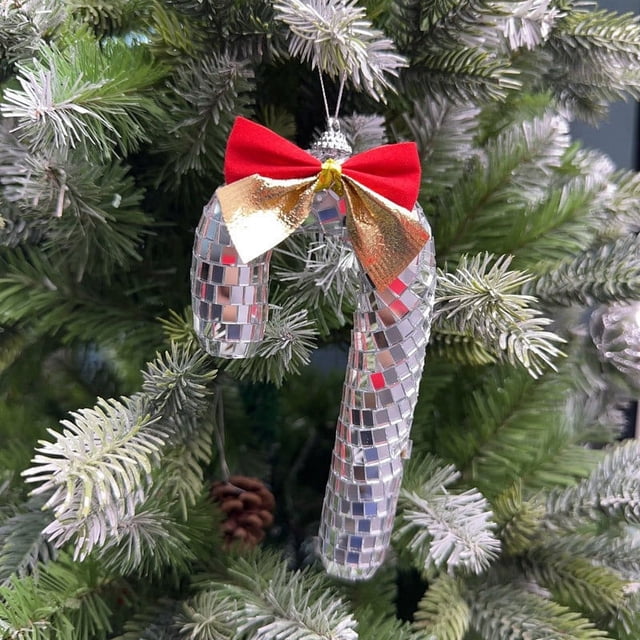 Fiudx Bastón de Nieve Navideño con Espejo de Espuma, Colgante de Vidrio Artesanal, Juego de Luces Reflectantes, Decoración Navideña Versátil, Adorno para Árbol o Repisa, Regalo Perfecto, Tamaño 16 X