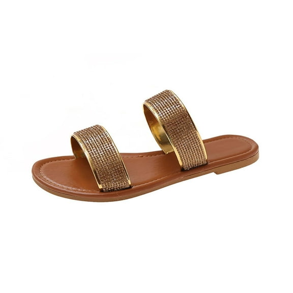 Tao Tao Women Flip Flops Slippers Sandals Double Strap Slide Casual Bling Rhinestone Crystals Summer New Flat Beach Slippers Gold 36