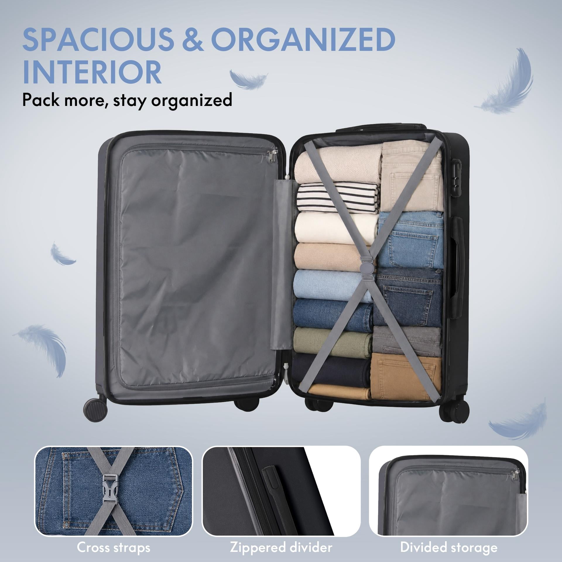 3-Piece ABS Hardshell Luggage Set, Lightweight Durable Suitcases with 4 Silent Spinner Wheels and Combination Lock, 20/24/28 Inch, Black