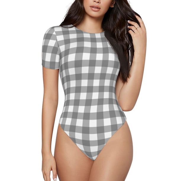 Fotbe Gray Checkboard Body de Mujer con Cuello Redondo y Mangas Cortas, Sin Mangas Ajustado, Suave, Cómodo y Básico-XX-Large