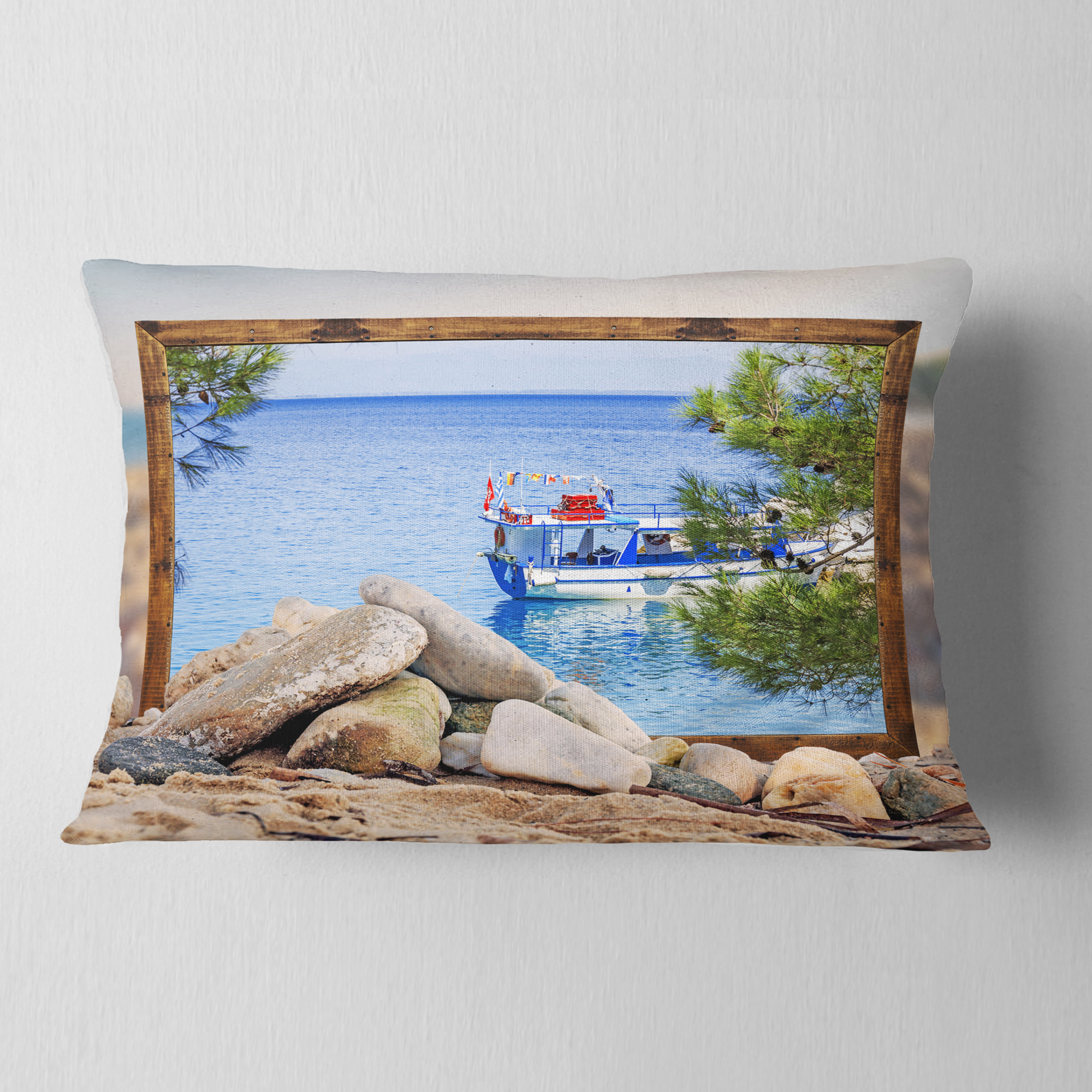 Designart Framed Effect Boat in Ocean - Seashore Throw Pillow - 12x20